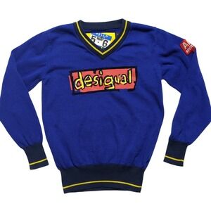 Desigual Boys Blue Cotton Knit V-Neck Sweater Art Revolution Logo Size 5-6 EUC